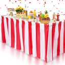 2 Pack Carnival Table Skirt Party Decorations, Red and White Striped Table Skirts, Disposable Table Decorations for Concession Stand Carnival Circus Themed Party Supplies Decorations, 2.4 x 14 Ft