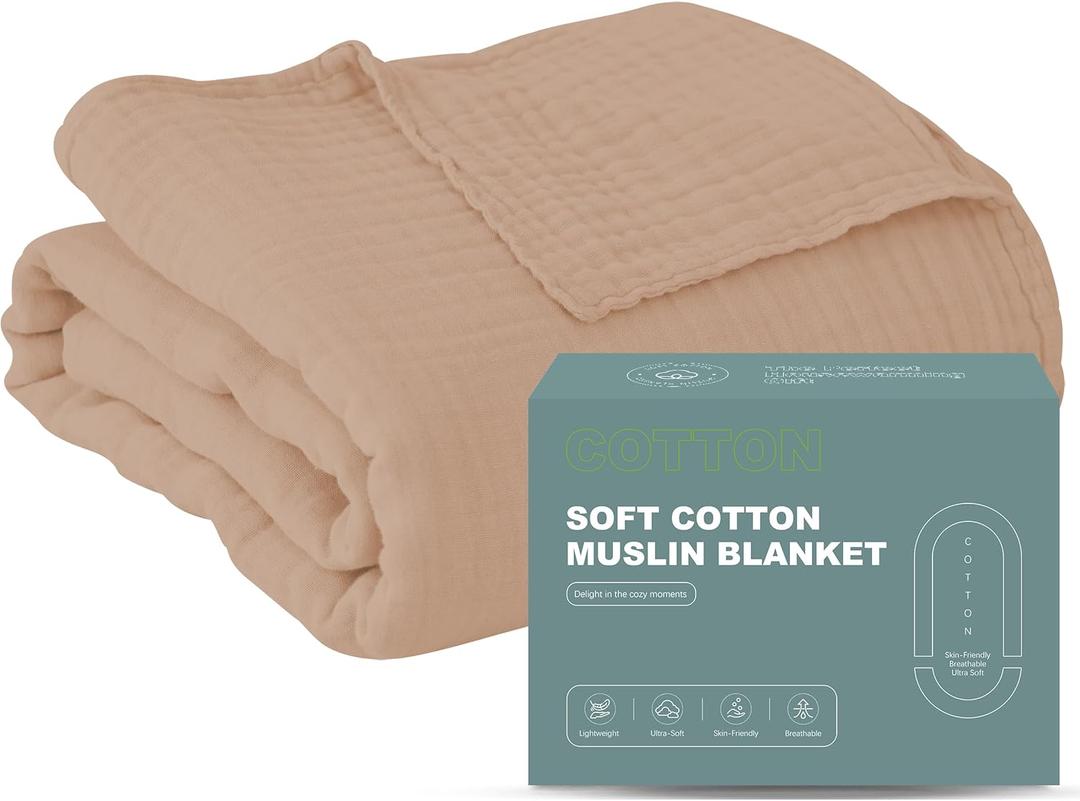 Cosy Family 4 Layer Muslin Bed Blanket - Breathable and Lightweight Gauze Boho Blanket for Spring, Soft 100% Cotton Muslin Blanket, Brown, 55x80 Inches