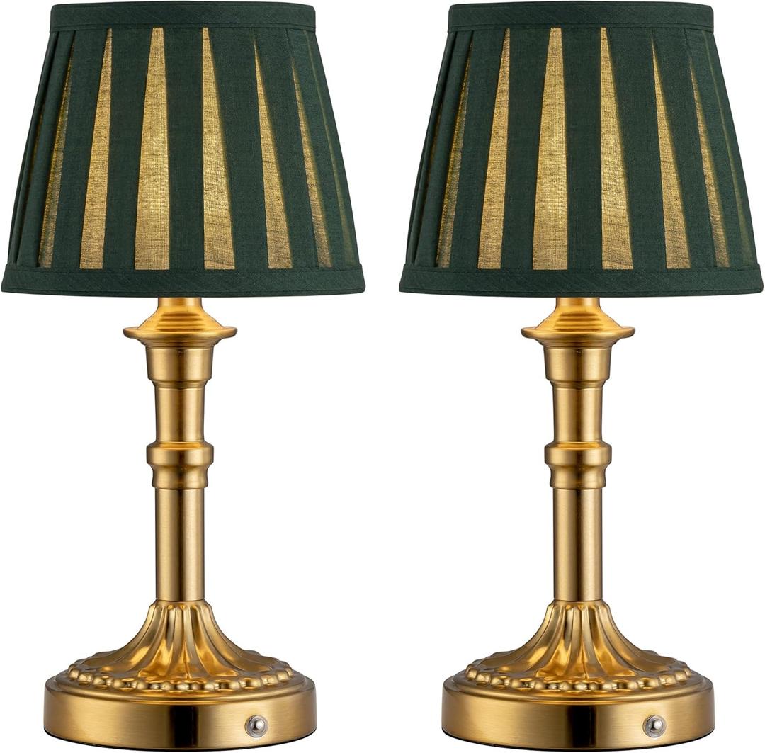 KDG Cordless Portables Table Lamp Set of 2, LED Fabric Shade Small Desk Lamps, 5000mAh Battery Powered Lighting, 2700K Stepless Dimmable Light for Living Room, Dining Room, Bedroom (Gold+Green)