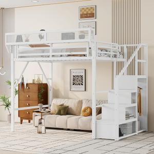 KEIKI Full Size Metal Loft Bed Frame with Convertible Staircase, Built-in Storage Shelves and Wardrobe, Loft Bed with Solid Slats, Guardrail, No Box Spring Required, Easy Assembly, for Bedroom, White