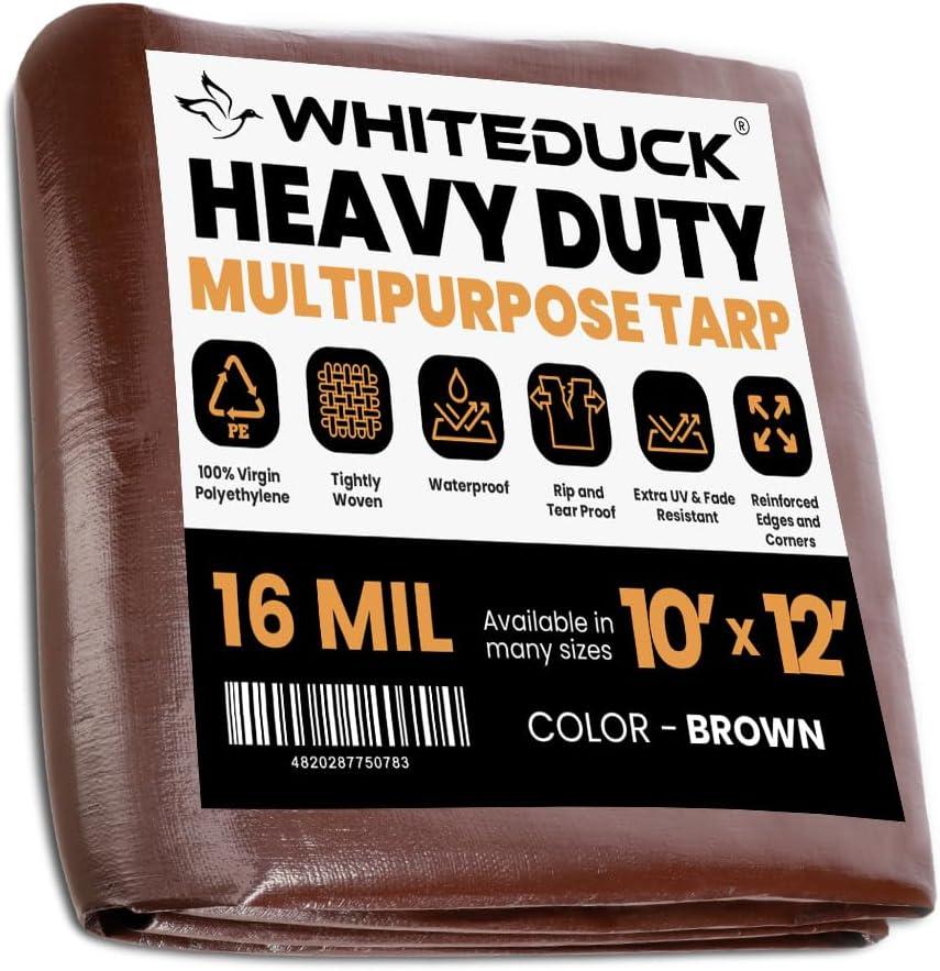 WHITEDUCK Super Heavy Duty Poly Tarp Cover 16 Mil with Grommets and Reinforced Edges (Brown- 16 Mil, 10' x 12')