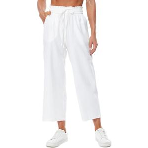 Womens Linen Pants Elastic High Waisted Wide Leg Drawstring Casual Loose Cropped Pants with Pockets (Medium, White)