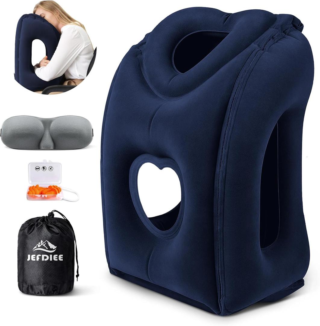 JefDiee Travel Pillow,Inflatable Airplane Pillow for Sleeping Comfortably Supports Head and Chin for Airplane,Car,Bus and Office (X-Large, Blue)