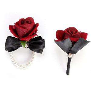 2 x Corsage and Boutonniere Set for Wedding Prom, Artificial Rose Flower Wrist Corsage Bracelets, Homecoming Corsage Wristlet, Boutonniere for Men Wedding Suit Decorations (Black&wine Red)