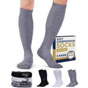 Pembrook Light Compression Socks for Men & Women - 3 Pairs | 8-15 mmhg Compression Dress Socks for Men | Support Socks (Large, Black/White/Gray - 3 Pairs)