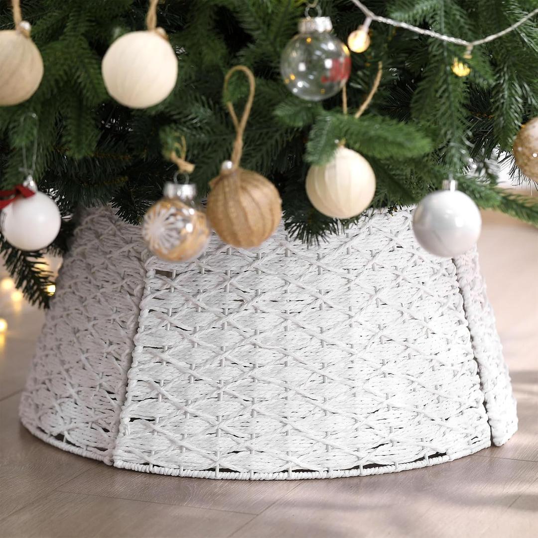 Poen Woven Rattan Christmas Tree Collar, Neutral Wicker Tree Skirt, Rustic Farmhouse Christmas Stand Base Cover Decor Handmade X-Shape Weave Design (White, 24 Inch)