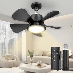 Socket Ceiling Fans with Lights and Remote, 3000K-6500K Socket Ceiling Fan Light Ceiling Fans, 3-Speed Ceiling Fan for Bedroom Living Room Kitchen (Glossy Black)
