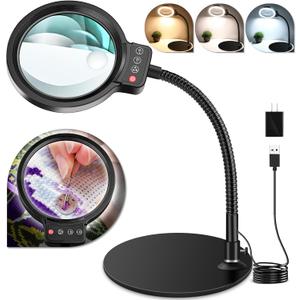 10X 30X Magnifying Glass with Light and Stand, 72 LED 3 Color Modes Stepless Dimmable, Hands Free Lighted Magnifier Desk Lamp for Close Work Craft Hobby Painting Sewing Jewelry Reading (Black)