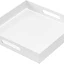 Glossy White Acrylic Serving Tray with Handles, 12x12x2H Inches - Spill Proof, Decorative Trays for Countertop, Ottoman Coffee Table, Nightstand, Breakfast, Tea, Food