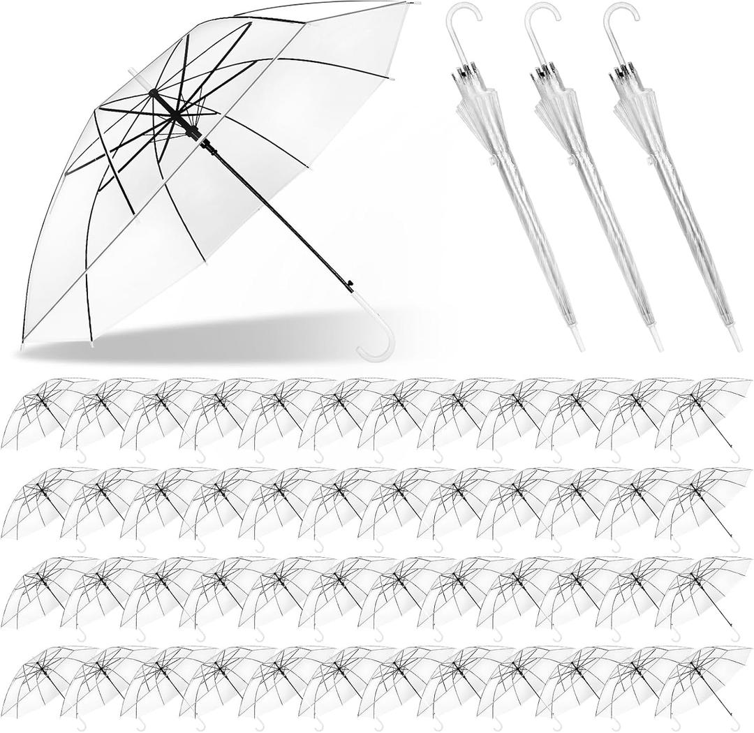 52 Pack Clear Wedding Umbrellas Bulk
Large Transparent Auto Open Umbrellas with White J Hook Handle, Rain Umbrellas for Wedding Photography, Events and Parties
