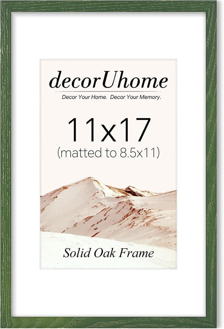 decorUhome Solid Oak Wood 11x17 Picture Frame, Display Pictures 8x12 with Mat or 11x17 without Mat, Wall Hanging Poster Frame, Green, 1 Pack
