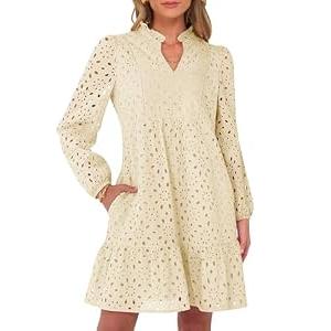 Caracilia Long Sleeve Dress for Women V Neck Hollow Out Eyelet Casual Fall Boho Flowy Swing Tiered Mini Vacation Dresses X-Large