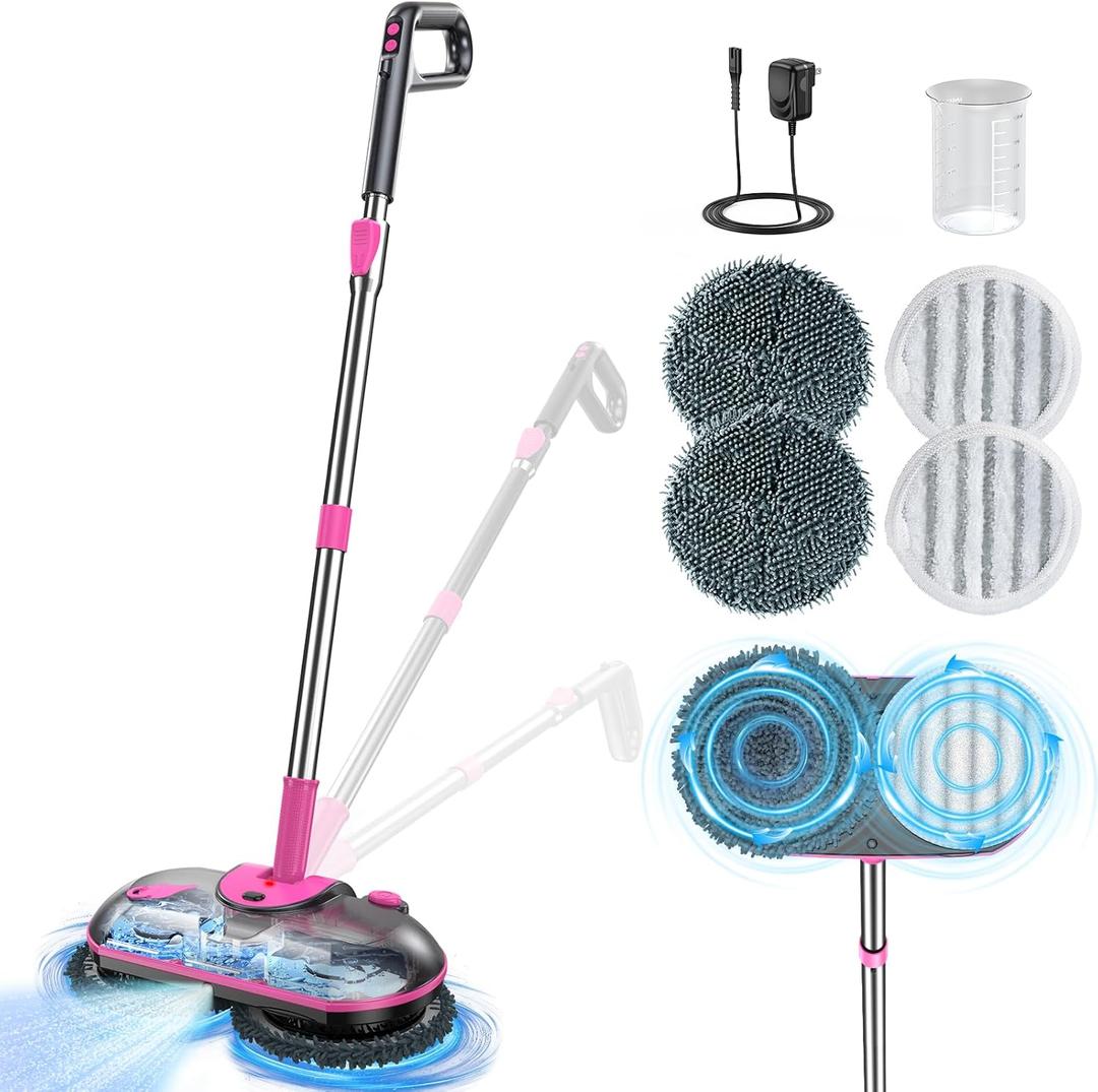 ScrubWiz Cordless Electric Mop, Electric Spin Mop with Water Spray, Powerful Floor Cleaner, Super Quiet Cleaning & Waxing, Pink and Black