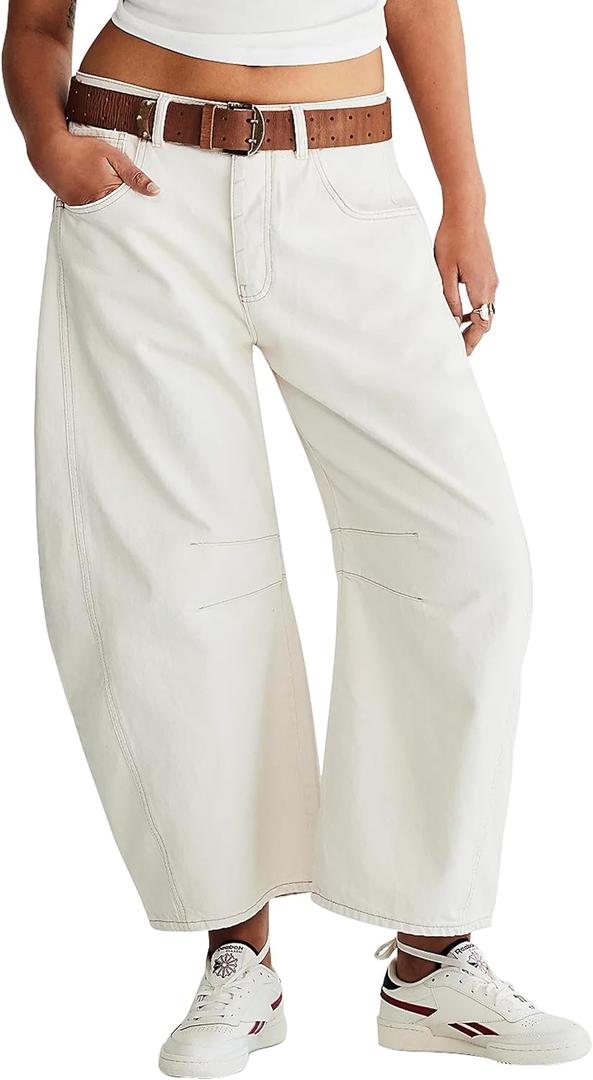 Women's Barrel Jeans Vintage Mid Rise Wide Leg Y2k Baggy Boyfriend Ankle Denim Pants (12)