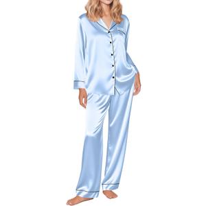 Ekouaer Silk Satin Pajama Set for Womens Button Up Long Sleeve Pjs Sleepwear Soft 2 Piece Loungewear S (Light Blue)