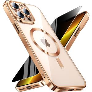 Magnetic for iPhone 13 Pro Max Case with Privacy Screen Protector & Full Camera Cover,[Non-Yellowing] Plating Glossy Soft Shockproof Clear Phone Case Women Girls for 13 ProMax,Gold