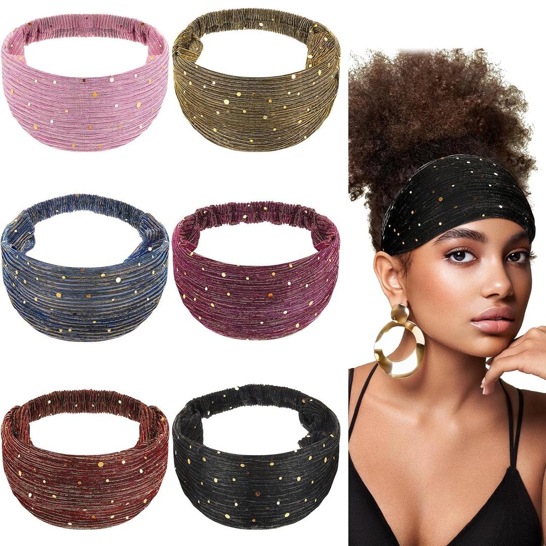 6 Pcs Boho Bling Sequin Headbands - Wide Stretchy African Head Wraps, Elastic Turban Headbands for Women, Yoga, Running & Sports