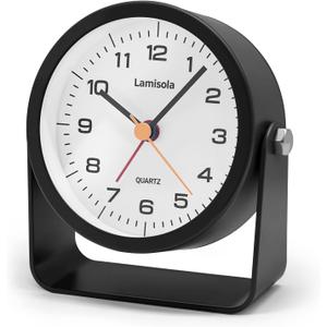 Lamisola 3.5 Inch Small Desk Alarm Clock, Battery Operated Analog Silent Clock with Night Light, Retro Vintage Metal Bedside Clock for Bedroom, Office, Bathroom, Dorm, Shelf, Table - Black