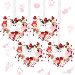 Syhood 4 Pcs 9 Mini Valentine Wreath for Front Door Small Valentine's Day Heart Wreath Decor for Kitchen Cabinet Porch Wall Window Chair(Heart Style)