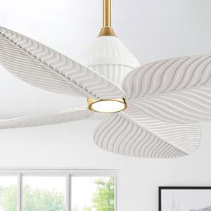 52 Tropical Leaf Ceiling Fans with Lights, (White Gold) | 4 Palm Leaf Blades, 3 Color Dimmable LED, 6 Speeds, Quiet Reversible Motor, Coastal Fan Style for Indoor or Outdoor Patios