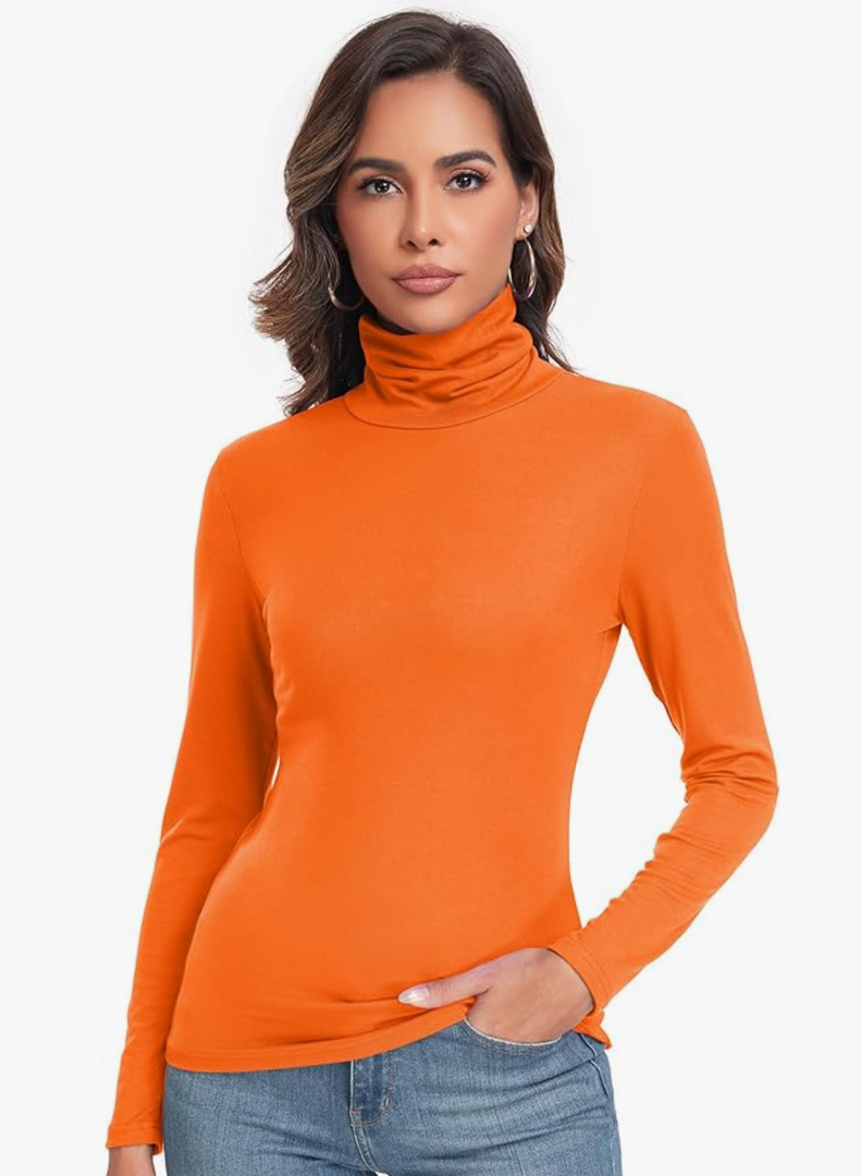 Women's Long Sleeve Casual Lightweight Turtleneck Top Slim Fit Thermal Active Layer Shirts (S, Orange)