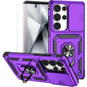 for Samsung Galaxy S25 Ultra Case with Camera Lens Cover HD Screen Protector, Military-Grade Drop Tested Magnetic Ring Holder Kickstand Protective Phone Case for Samsung Galaxy S25 Ultra (Purple)