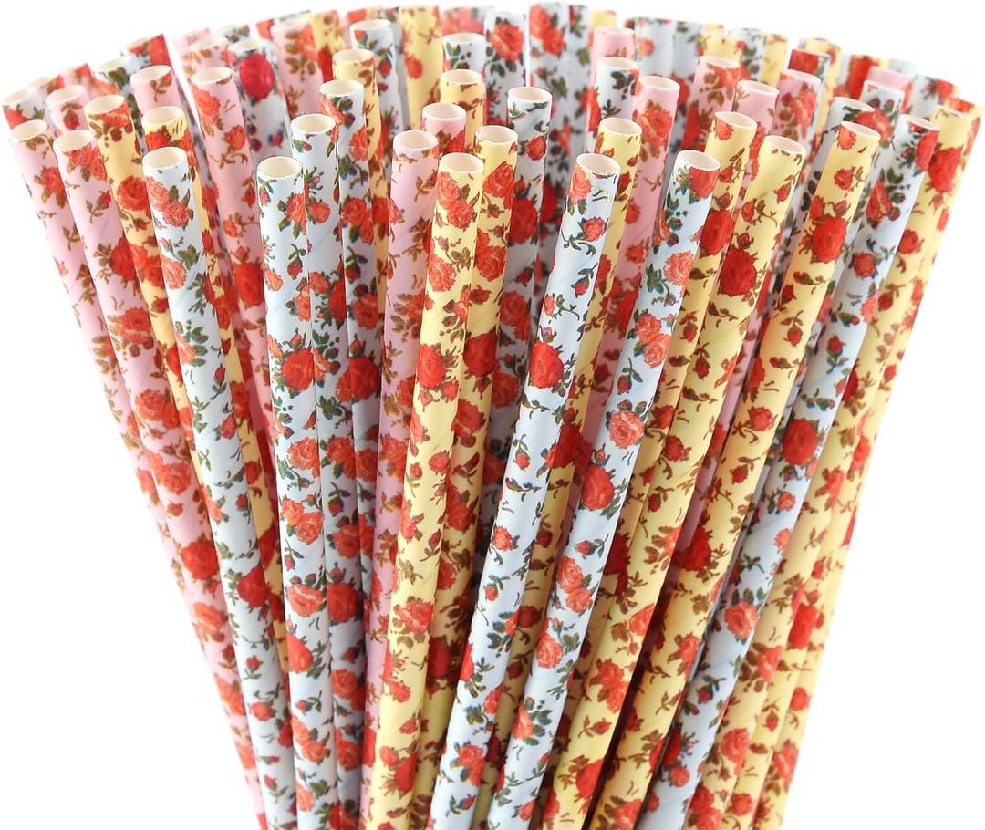 ALINK Floral Paper Straws, Biodegradable Disposable Flower Straws for Bridal/Baby Shower, Wedding, Shabby Chic/Vintage Tea Party, Birthday, Events and Christmas Decorations