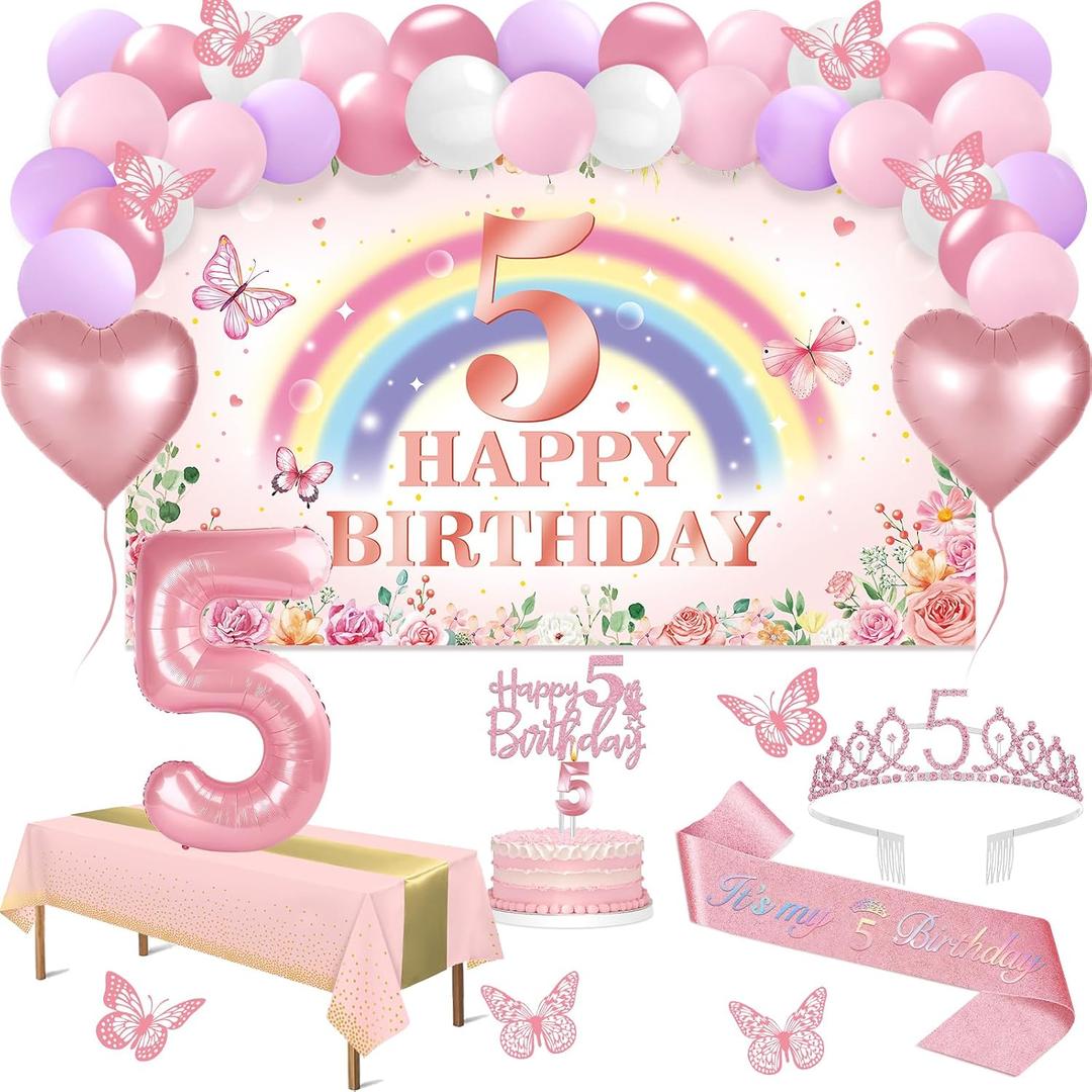 5th Birthday Decorations Girl, 47pcs Pink Flower Rainbow Banner, Tablecloth, Butterfly Decor, 5th Birthday Sash and Tiara, Cake Topper, Candles, Balloons Arch