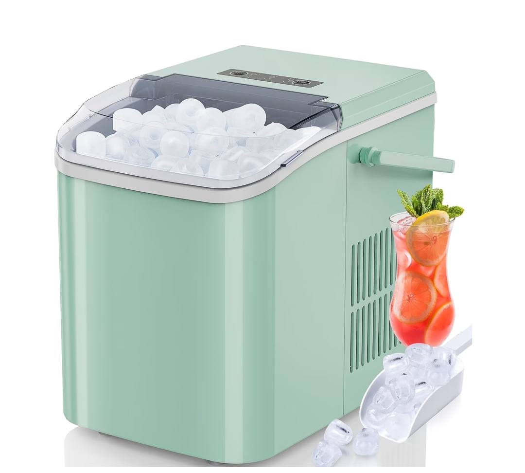 EDX Countertop Ice Maker, Self-Cleaning Portable Ice Maker Machine with Handle and Ice Scoop, Bullet Ice Cubes, 9Pcs/6Min 26.5Lbs/24H for Home/Kitchen/Bar/Party, Green