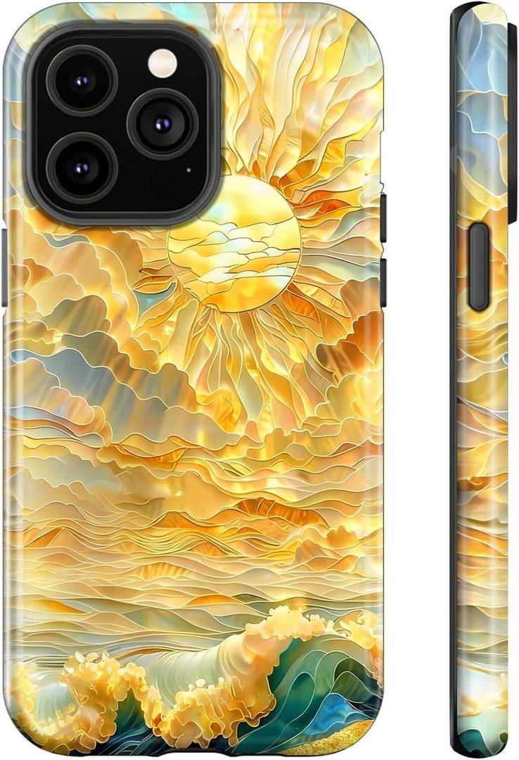 for iPhone 14 Pro Case,Ocean Waves Sun Rays Stained Glass,Dual Layer Soft TPU Hard PC Bumper Case Design,Protective Phone Cover Girls Will Love
