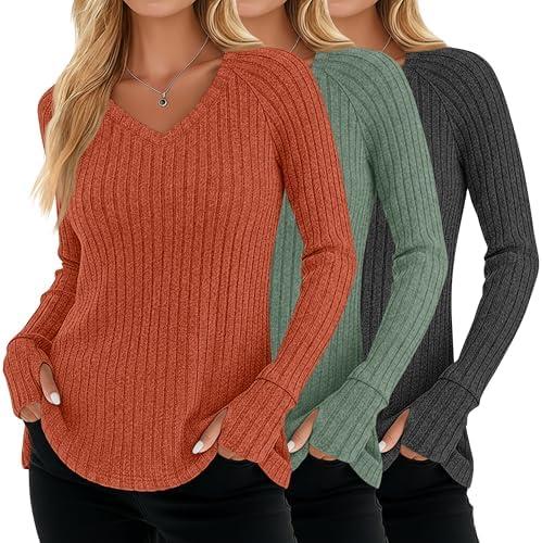Oakgarden 3 Pack Women's V Neck Sweaters with Thumb Holes Ribbed Long Sleeve Shirts Casual Fall Tops Tunic Clothes ,XL