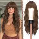 FESHFEN Brown Wig with Bangs for Women - Long Wavy Mixed Brown Natural Looking Synthetic Hair Wigs for Daily Party Costume, 26 inch