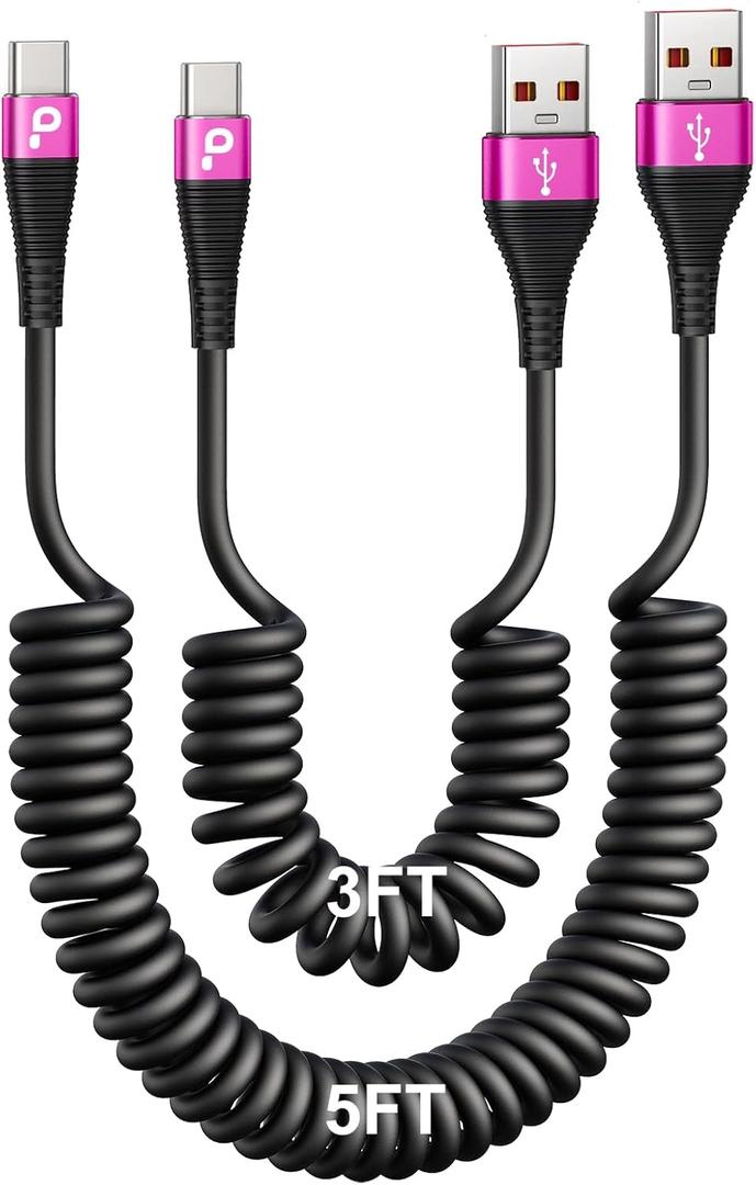 USB C Cable Fast Charging, 2Pack 3ft Coiled USB A to USB C Charge Cable for Car, USB-C Charging Cord Compatible with iPhone 17/16/15/Pro Max/Plus/Samsung Galaxy S20 S10 and More Type C Devices-Black