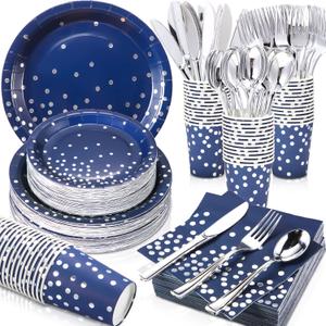 560 Pcs Navy Blue and Silver Party Supplies for 80 Guests Disposable Dinnerware Sets with Blue Paper Plates Napkins Cups Silver Forks Knives Spoons for Graduation Birthday Retirement Wedding Party