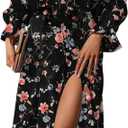 BLENCOT Womens Casual Square Neck Long Sleeve Boho Floral Midi Dress Print Side Split Dresses, Small