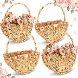 4 Pcs Wicker Flower Girl Baskets Wedding Flower Girl Baskets with Handle Half Moon Hand Woven Eggs Candy Storage Basket for Wedding Picnic Garden Storage Home Decor (Light Color)
