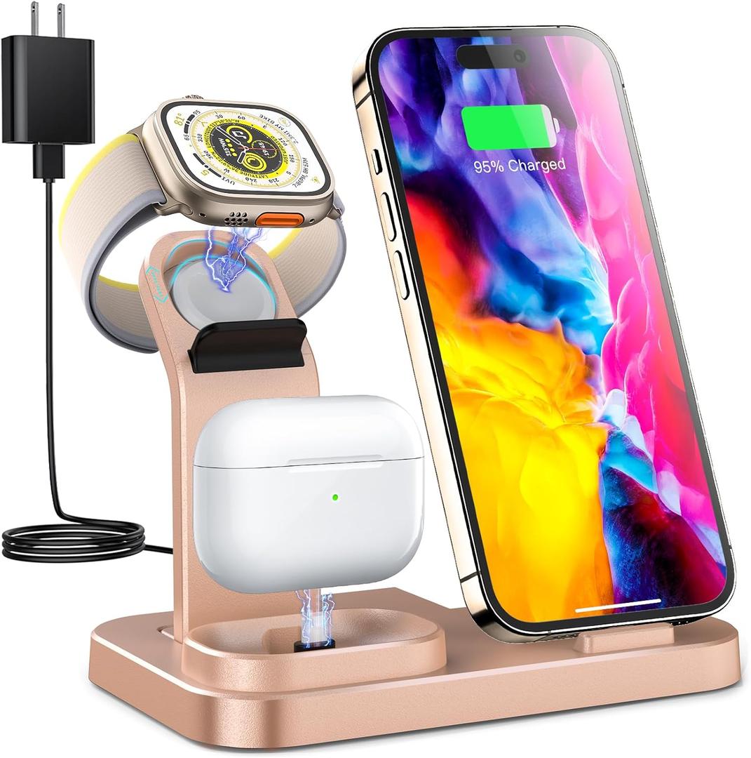 Wireless Charging Station 3 in 1 RJR Compatible with Apple Devices, Charging Dock for iWatch, Built-in Wireless Charger Stand for iPhone Series AirPods Gifts (with 18W Adapter) Rose Gold