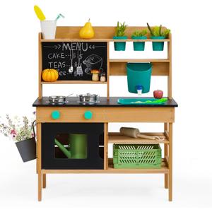 Mud Kitchen for Kids Outdoor, Wooden Play Kitchen with Real Working Faucet & Water Tank, Sensory Montessori Kitchen Playset with Sink, Chalkboard, Pots & Pans for Toddlers & Kids Ages 3+, 33.9 inches x 12.1 inches x 16.4 inches