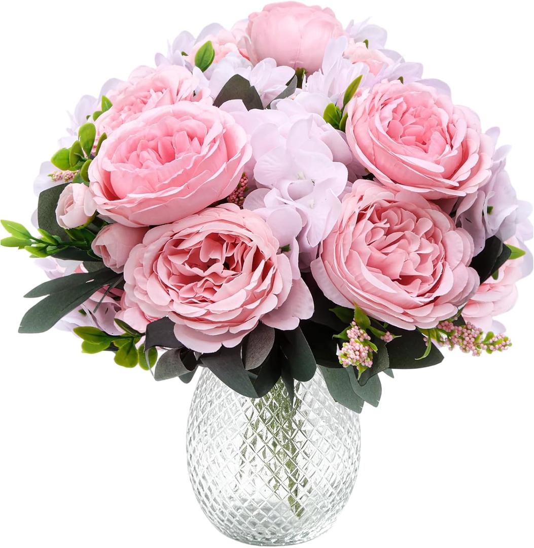 Peonies Artificial Flowers, 2 Packs Simulated Silk Peonies Flowers Fake, Mixed Pink Peonies Flowers Bouquet for Centerpiece Table Wedding Party Home Decoration(Pink Purple)