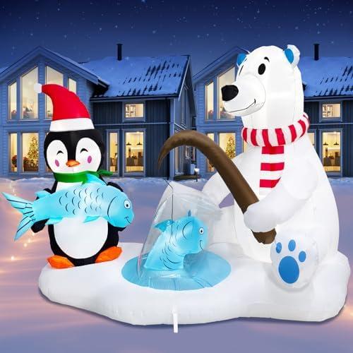 PARAYOYO 7.1FT Christmas Inflatable Polar Bear & Penguin Fishing Decoration, Christmas Blow Up Penguin Wear Scarf & Santa Hat and Polar Bear Inflatable Built-in 5 LED for Christmas Inflatables Outdoor
