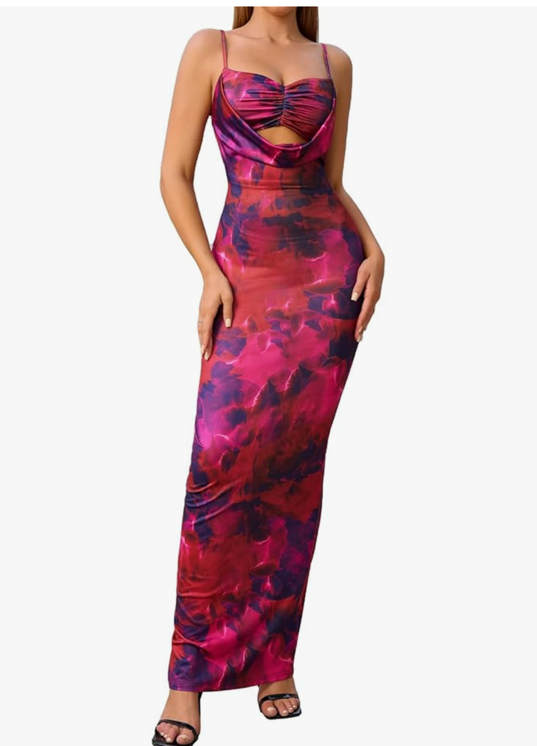 XinFSh Women's Summer Floral Bodycon Maxi Dress Spaghetti Strap Cutout Wedding Guest Long Dresses 2025, Size Large 