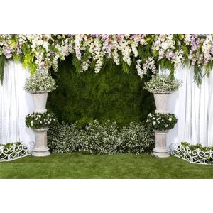 Laeacco Arch Wedding Flowers Backdrop 10x8ft Vinyl Photography Background Stone Planter Flowers White Curtain Green Ivy Wall Decoration Outdoos Ceremony Green Grassfield Backdrop (10x8FT)