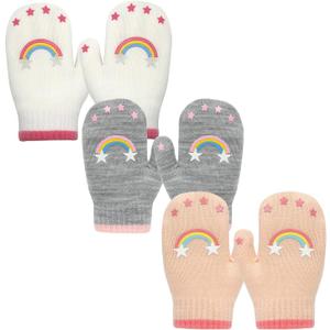 Evridwear Toddler Mittens Girl Boy Mittens 3 Pairs Knitted Stretch Gloves for Kids Toddler Winter Warm (4-6Years, Rainbow Printing)