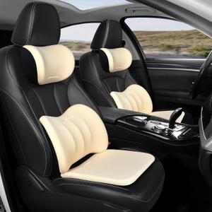 Car Seat Cushion with Neck Pillow & Lumbar Support Kit Back Sciatica Tailbone Pain Relief Car Pillows Ergonomic Memory Foam Back Support for Driving Seat Office Chair Wheelchair Beige