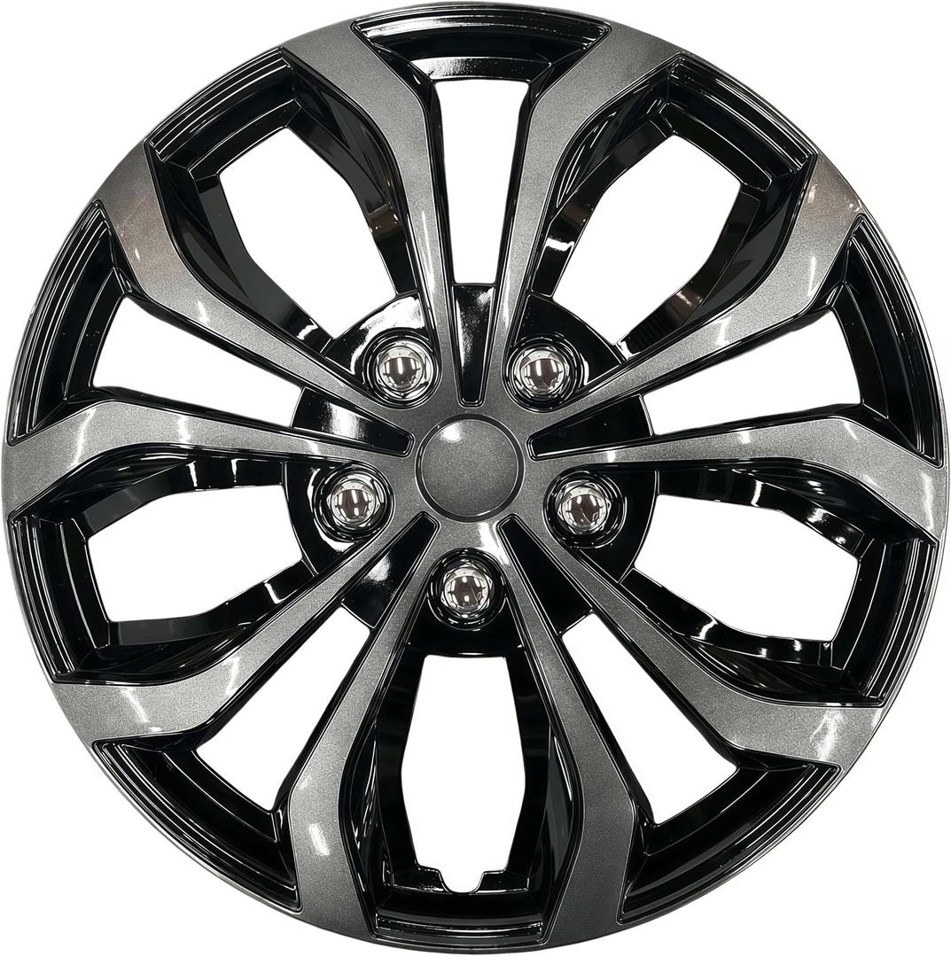 Universal Hubcaps for Steel Wheels, Snap-On Wheel Covers with Adjustable Steel Retaining Ring, Durable ABS, Patent Design (Gunmetal Gray&Black, 14-inch)