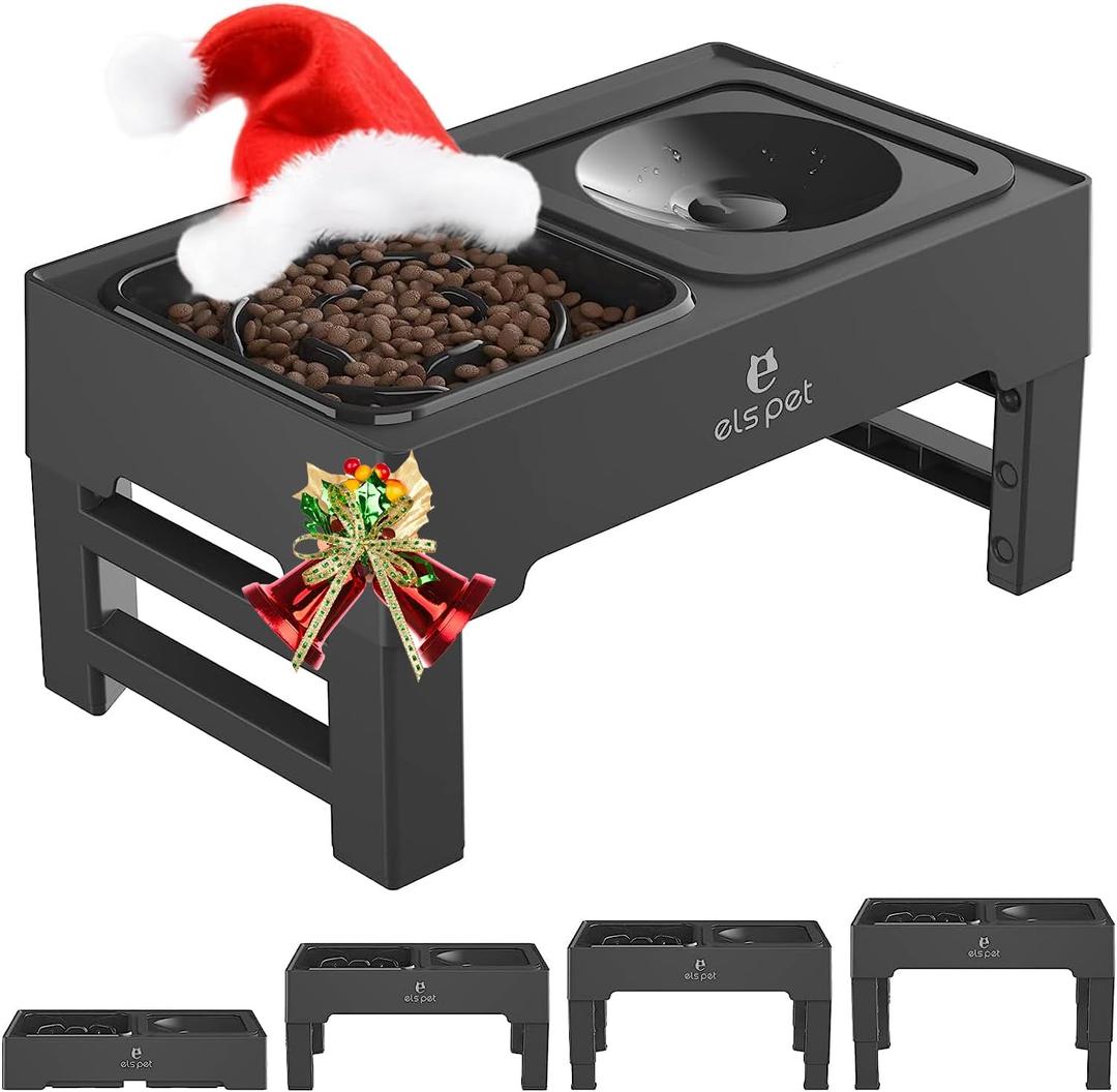 ELS PET Elevated Dog Bowls, Adjustable Raised Dog Bowls with No Spill Dog Water Bowl and Stainless Steel/Slow Feeder, Stand for Small Medium Large Dogs,Cats & Pets (Plastic)