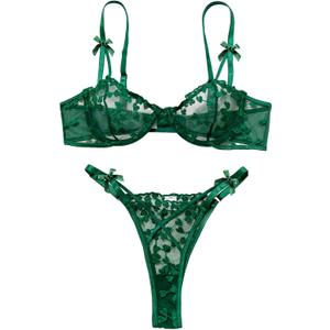 Lilosy Sexy Underwire Cute Push Up Strappy Embroidered Mesh Sheer Lingerie Set See Through Panty Bra (Medium, Bow Green)
