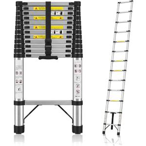 12FT Telescoping Stainless Steel Anti-Wobble Extension Ladder, 330lbs Heavy Duty Collapsible Ladder, One-Button Slow Retraction Portable Folding Ladder for Home, Attic, RV