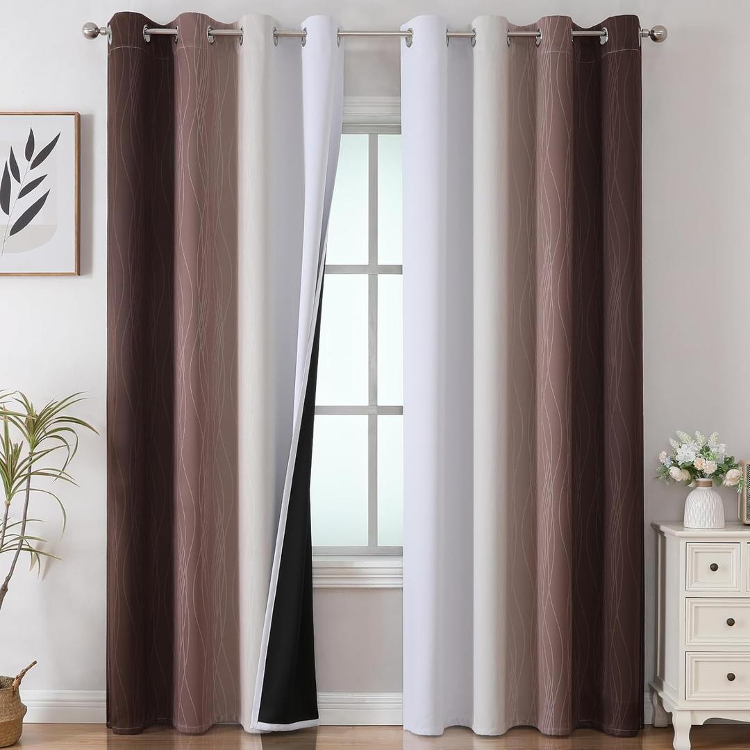 Estelar Textiler Brown and Greyish White Gradient Blackout Curtains for Bedroom, Thermal Insulated Ombre Blackout Drapes, Full Room Darkening Energy Saving Curtains for Living Room, 52"W x 84"L (Pack of 2), Brown and Greyish White