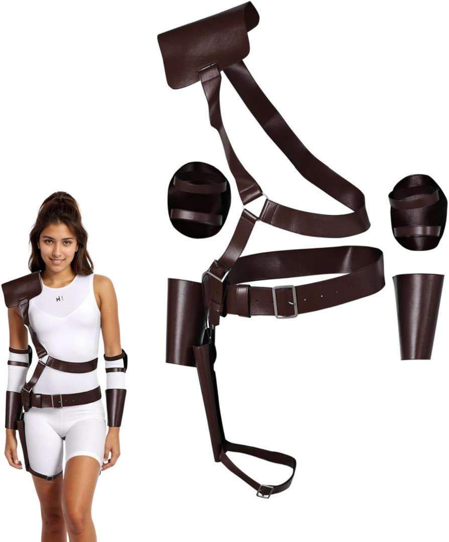 Lucy Costume Belt Halloween Cosplay Gun Props Holster Leather Cosplay Outfits Arm Guards 7 Pcs Full Accessories (Medium, Brown)
